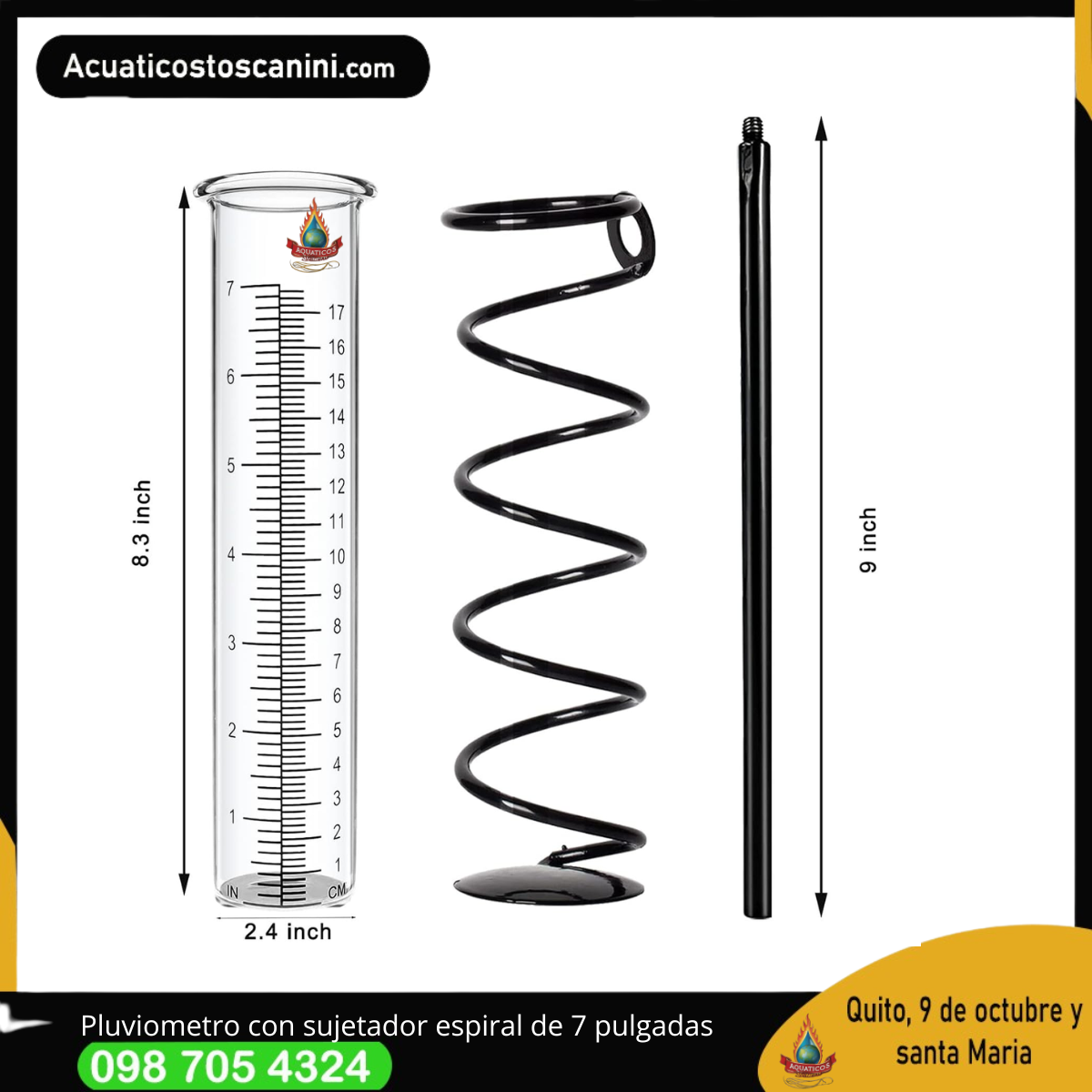 Pluviometro con sujetador espiralado de 7 pulgadas de lluvia