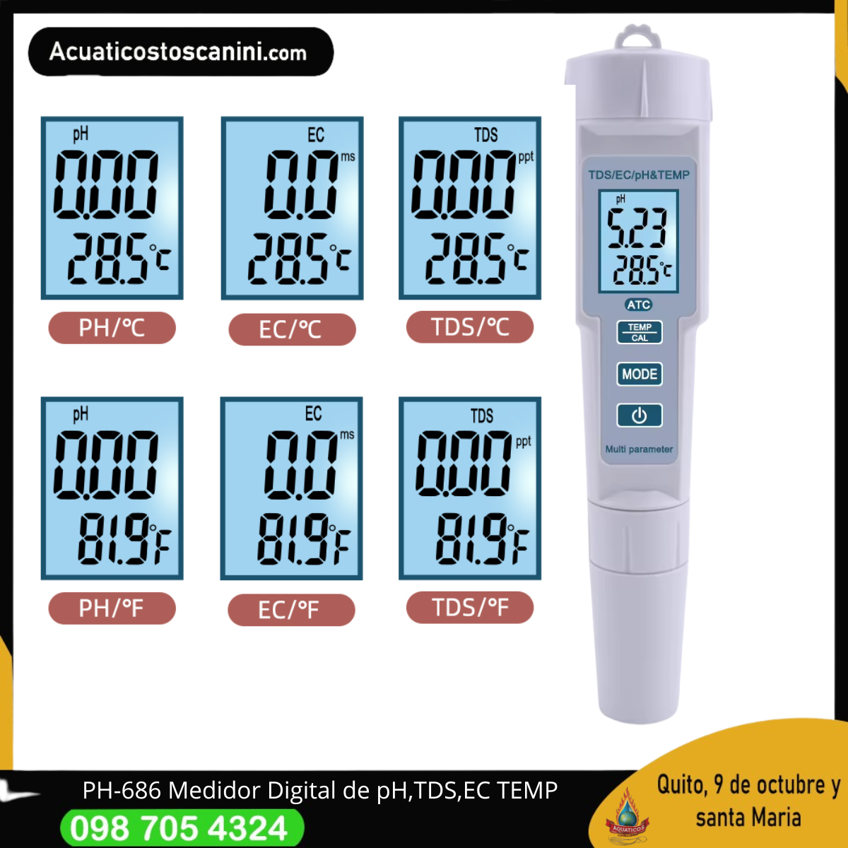  Ph 686 Metro Tds/Ec Conductividad temp 4 en 1 pH 0-14 us/cm ms/cm tester profesional
