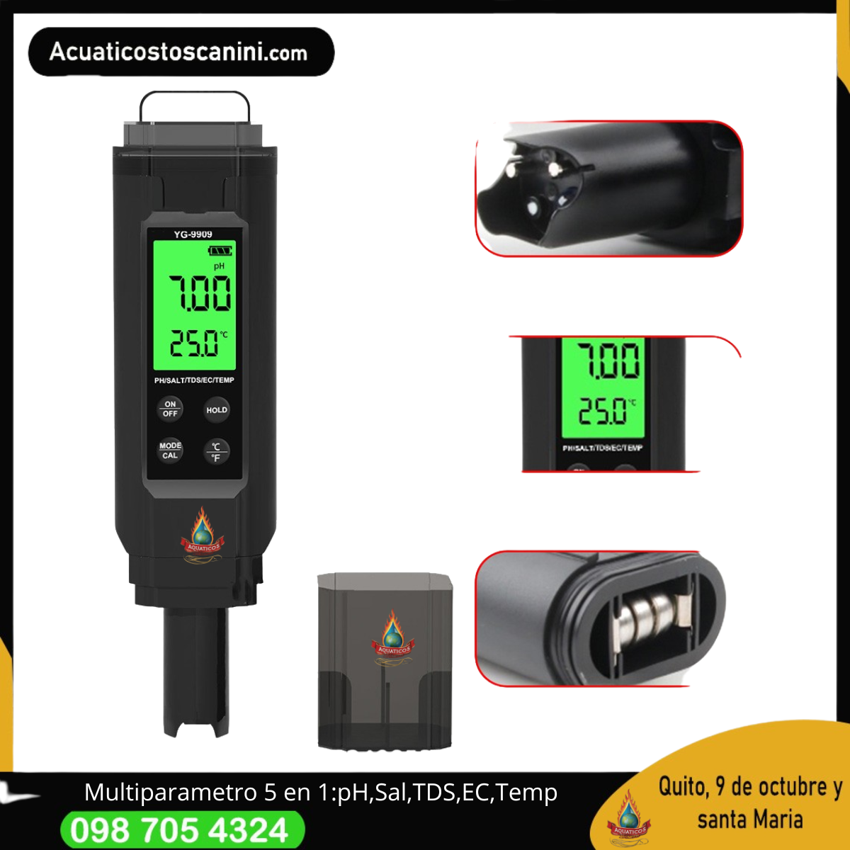 Medidor Profesional 5 en 1 pH • TDS • EC • Salinidad • Temperatura