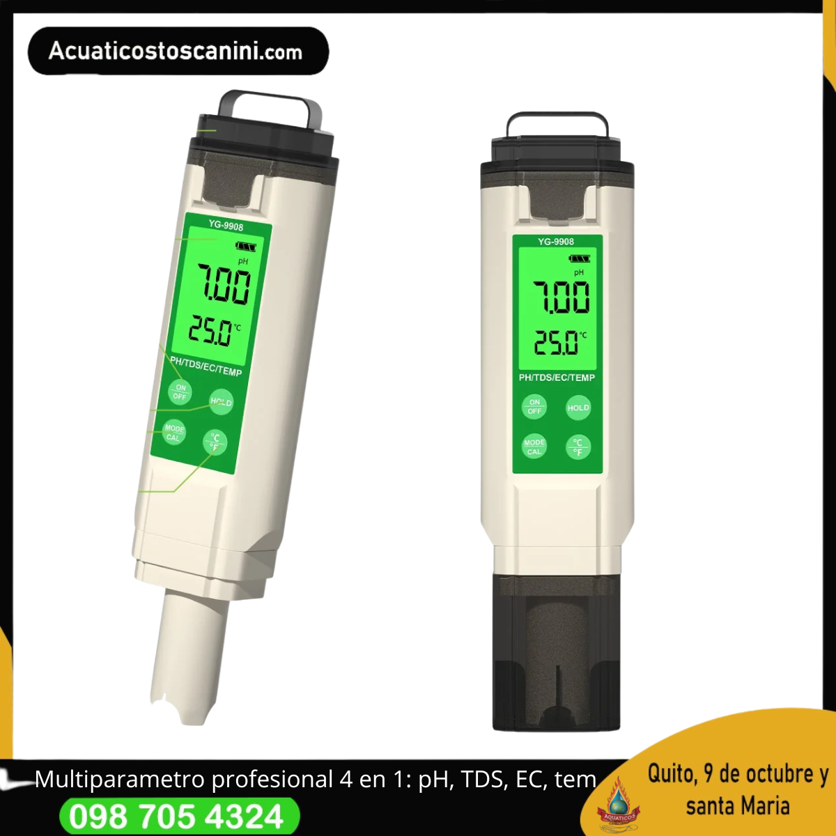 Instrumento 4 en 1 para medir pH, TDS, Conductividad (EC) y Temperatura