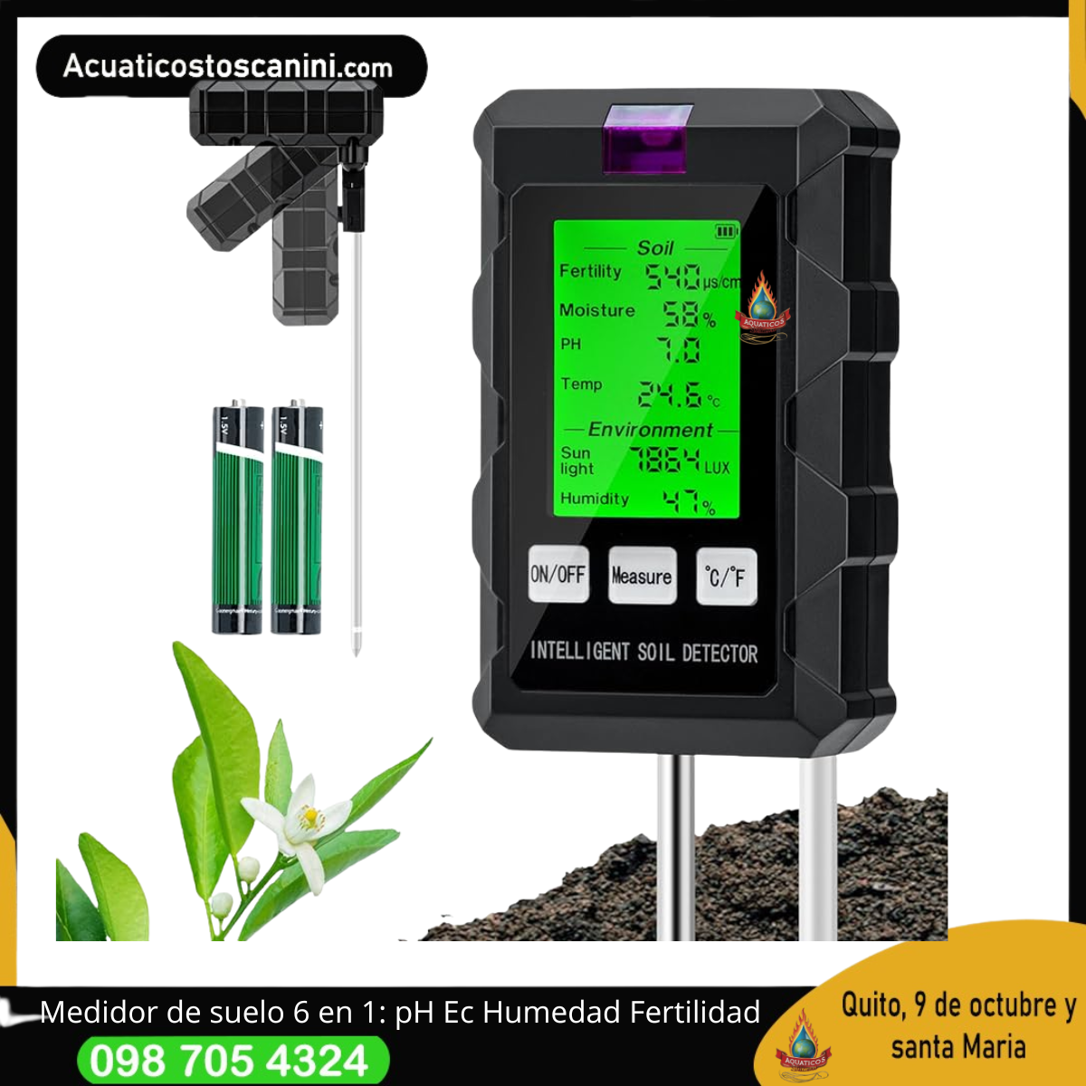 medidor pH, humedad, temperatura, luz, EC, humedad ambiental y temperatura ambiental
