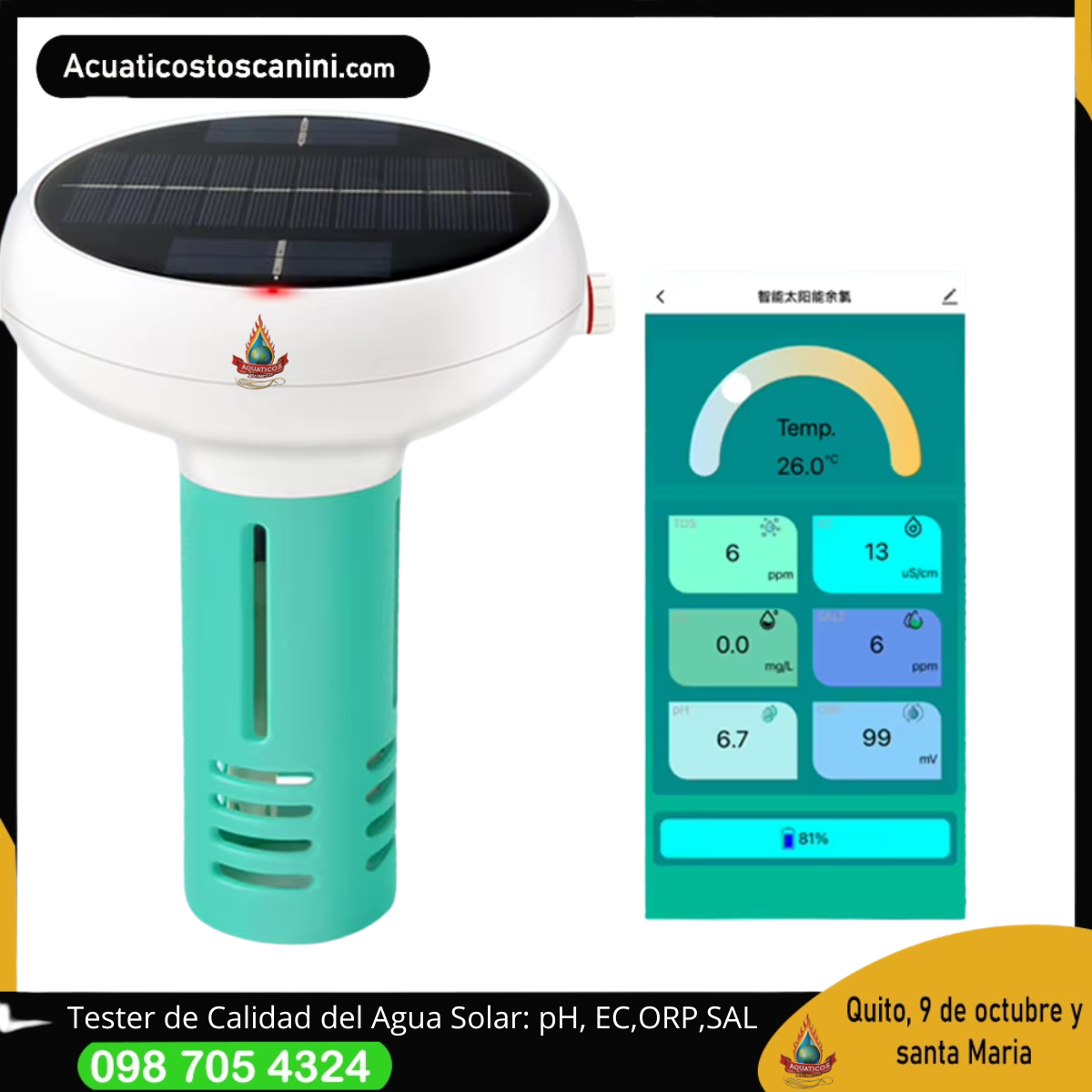 Medidor inteligente para piscinas, con energía solar, conexión WiFi y monitoreo en tiempo real desde el celular. Mide pH, ORP, salinidad, EC, TDS y te
