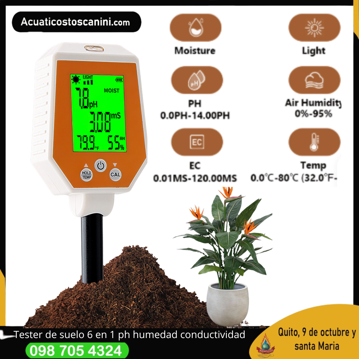 Medidro de suelo 6 en 1 con pH Conductividad humedad relativa