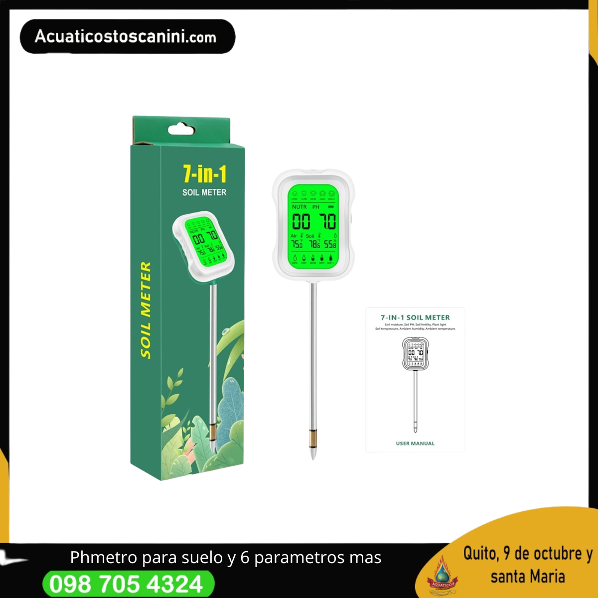 Probador de Suelo Medidor digital de suelo 7 en 1: pH, humedad, luz, fertilidad, temperatura y for plantas jardín, granjas agricultura