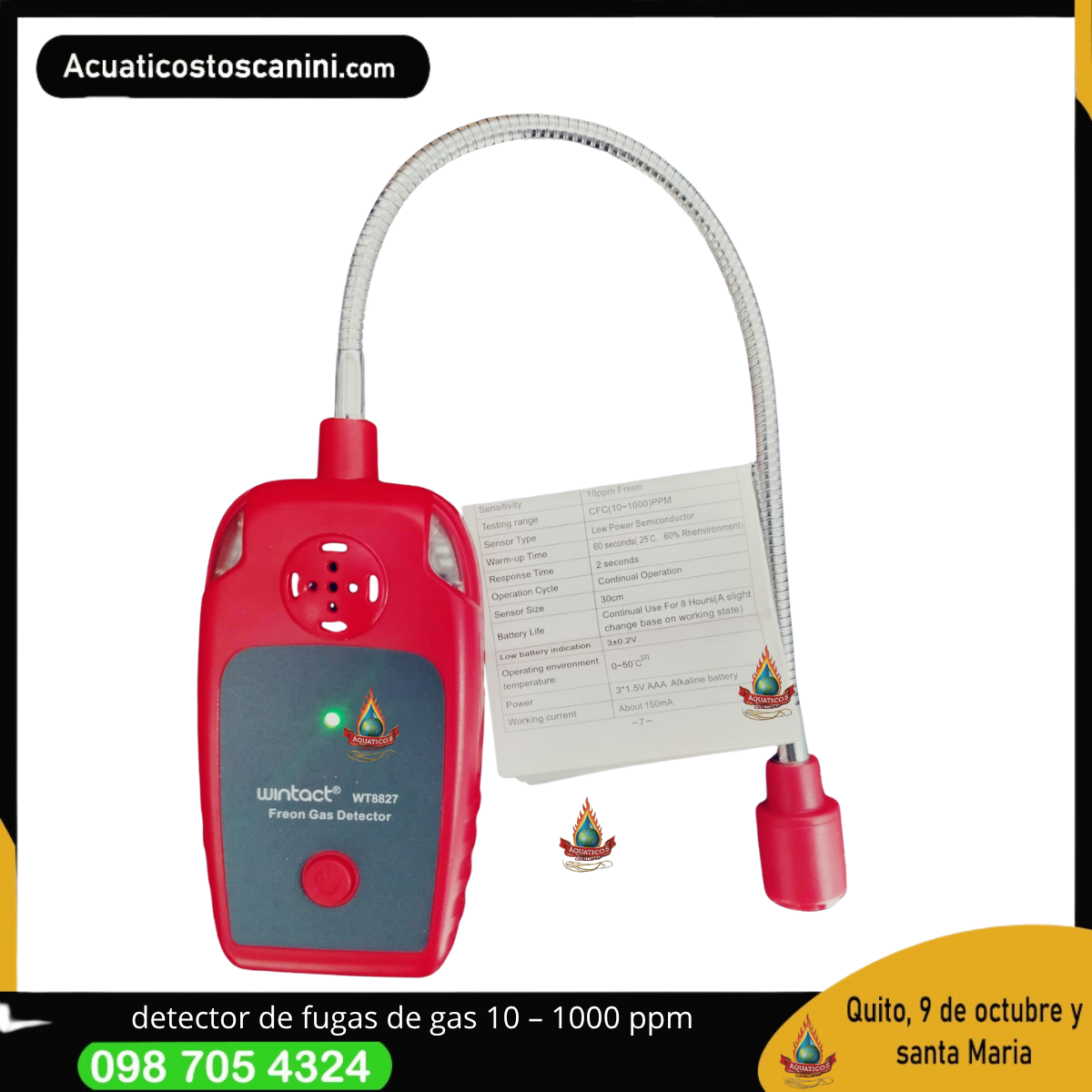 detector portátil de fugas de Freón con una sensibilidad de 10 ppm y rango indicado por el manual de 10 a 1000 ppm para CFC